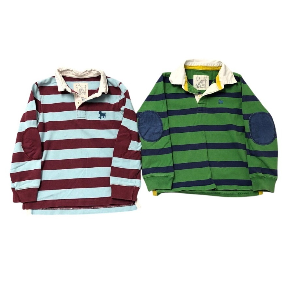 Mini Boden Rugby Shirt Boys 7-8Y Kids Multi Striped Long Sleeve Elbow Patch 2pk